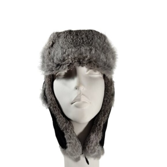 Mad Bomber Aviator Rabbit Fur Trapper Hat Black Super Warm Unisex Sz M Indie - Picture 2 of 7